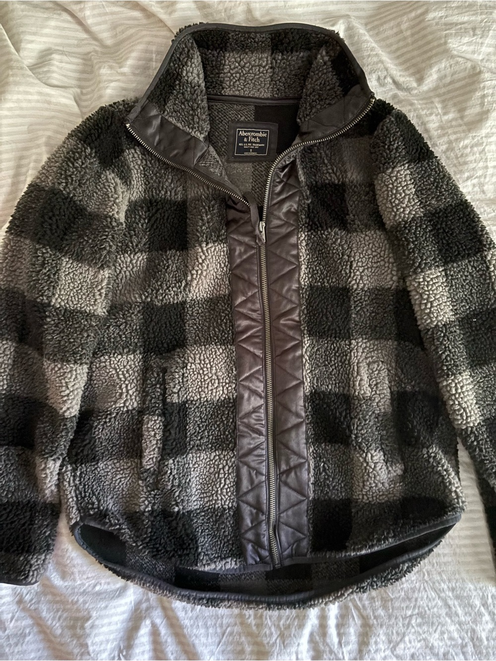 Abercrombie & Fitch Black and Gray Check Sherpa Zip Jacket